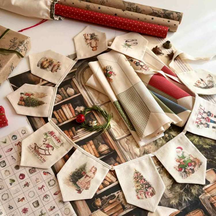 Лен лимитированная коллекция Christmas купон 135*33см Гирлянда 10 двусторонних флажков